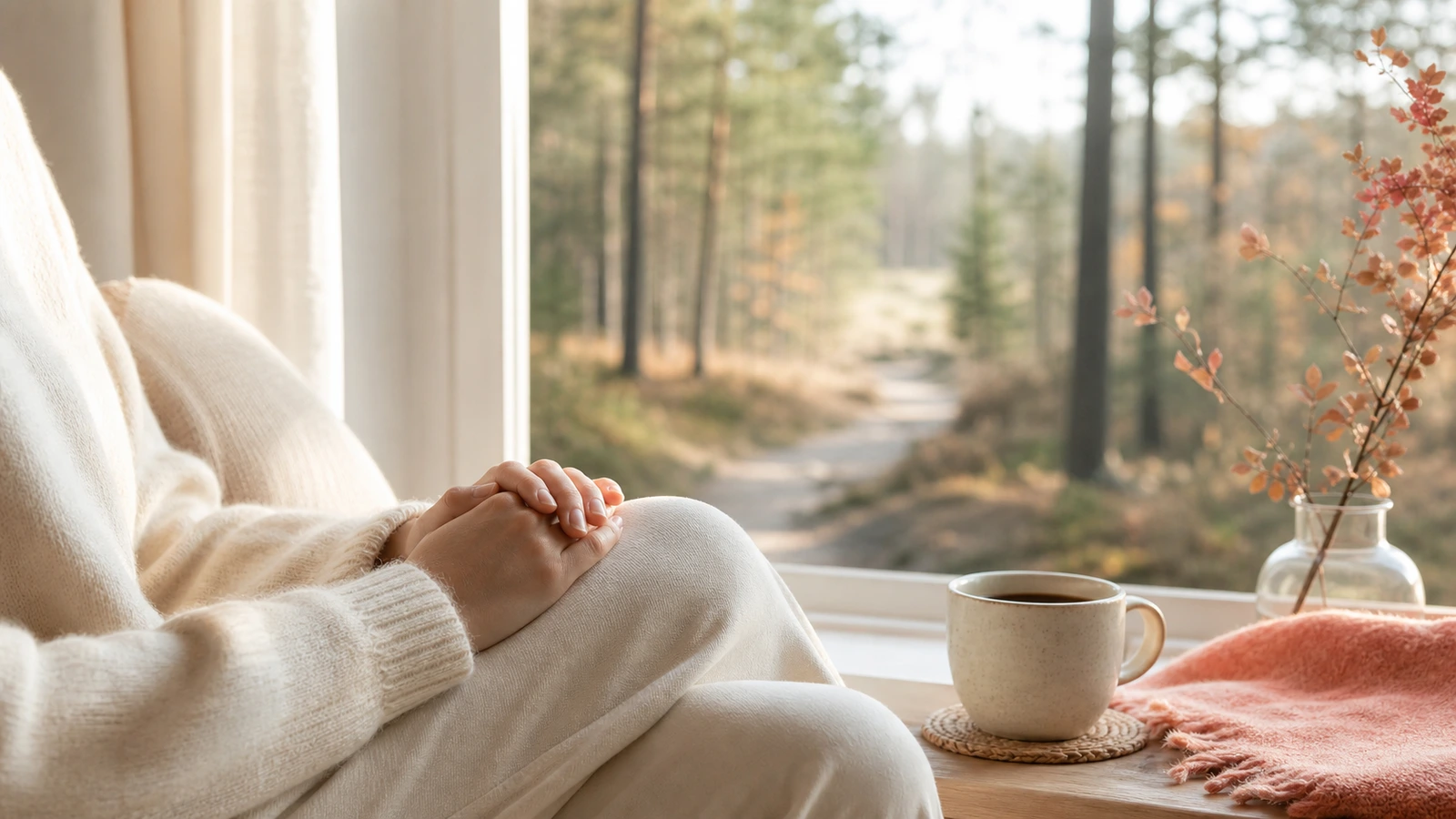 Person sitter mot fönster med slutna ögon i mjukt morgonljus, sett från sidan