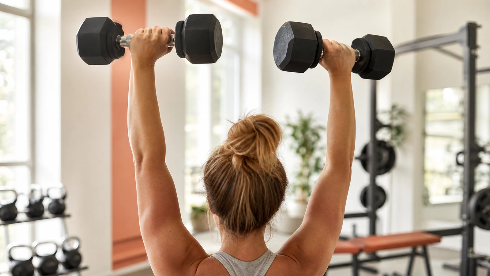 Person utför axelpress med hantlar för att träna axlarna på gym