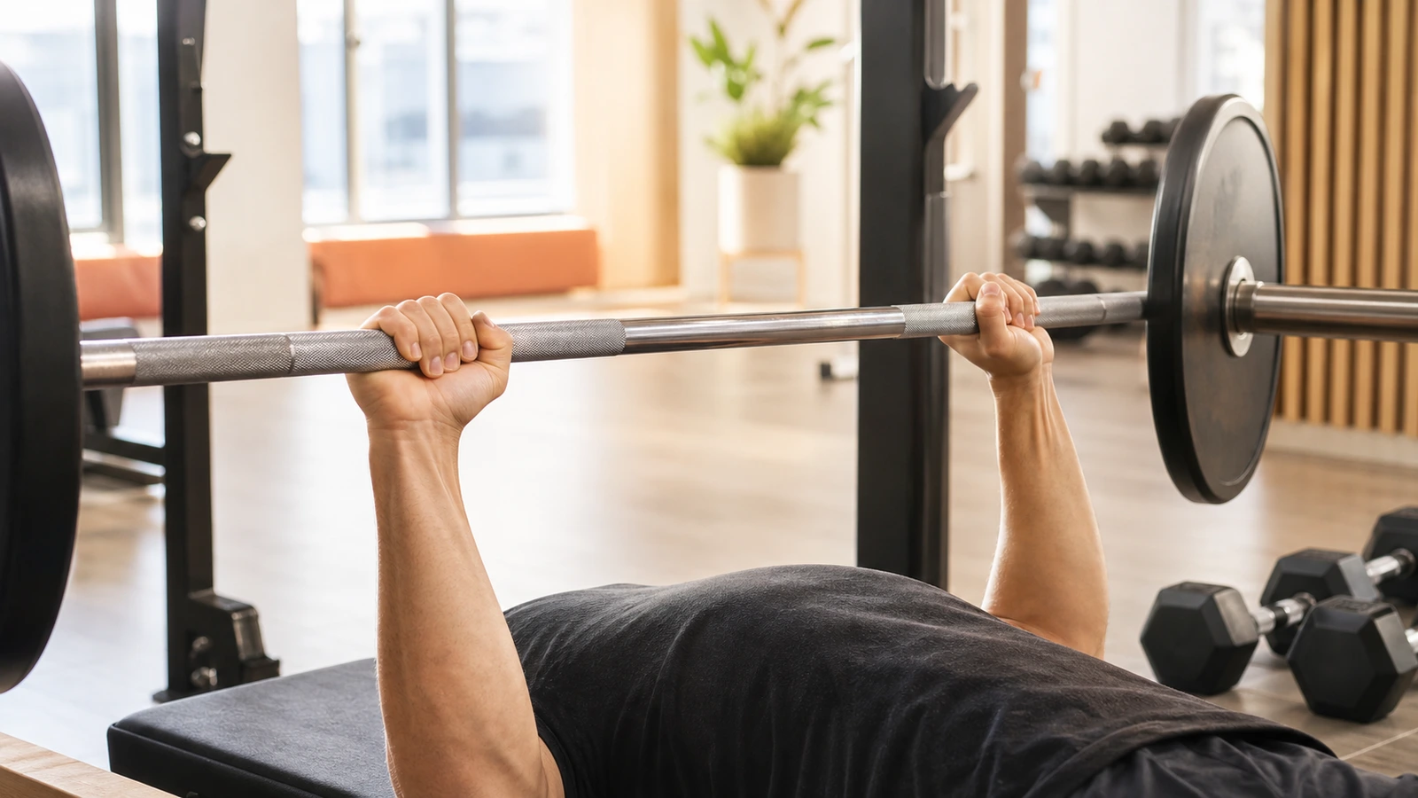 Person utför bänkpress för att träna bröstet på gym