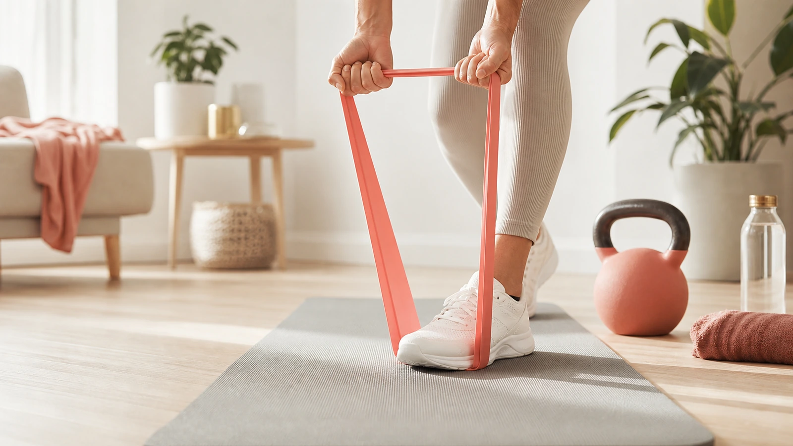 Hantlar och ett gummiband på träningsmatta för bicepsövningar hemma, ingen person synlig