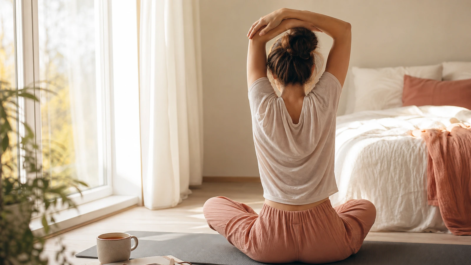 Händer som vilar på knän under meditation i lugn miljö