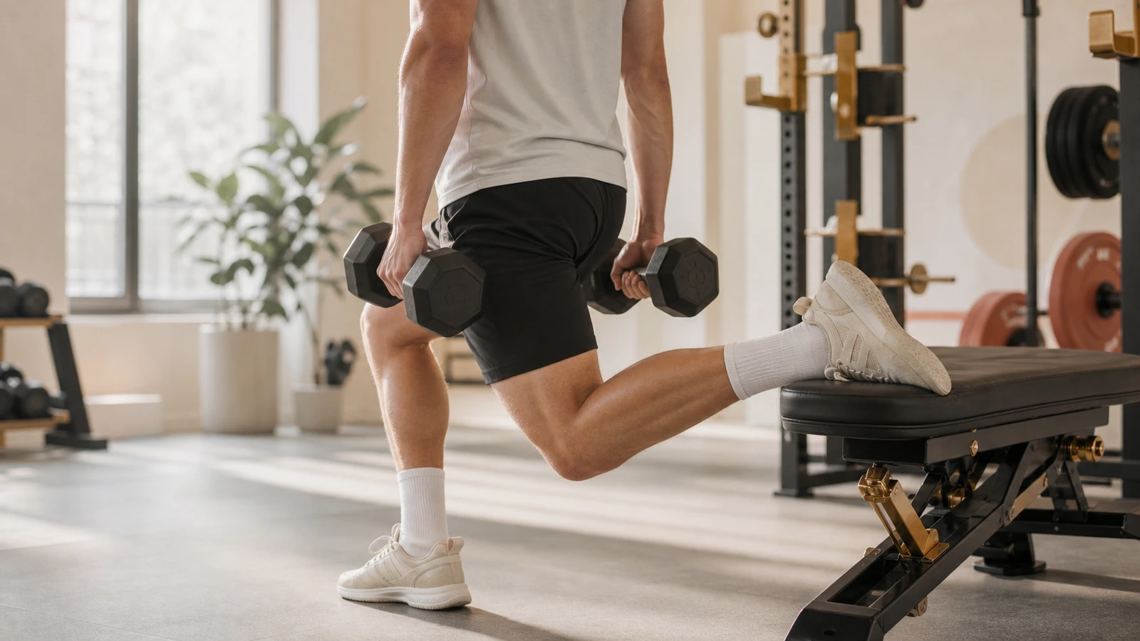 Trä-gymbänk i ljust hemmagym med ett par hantlar på golvet framför, ingen person synlig