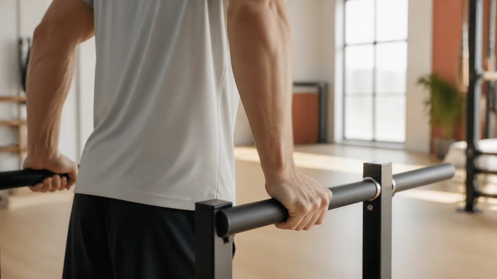Parallella dipsräcken i ett ljust gym redo för dips träning