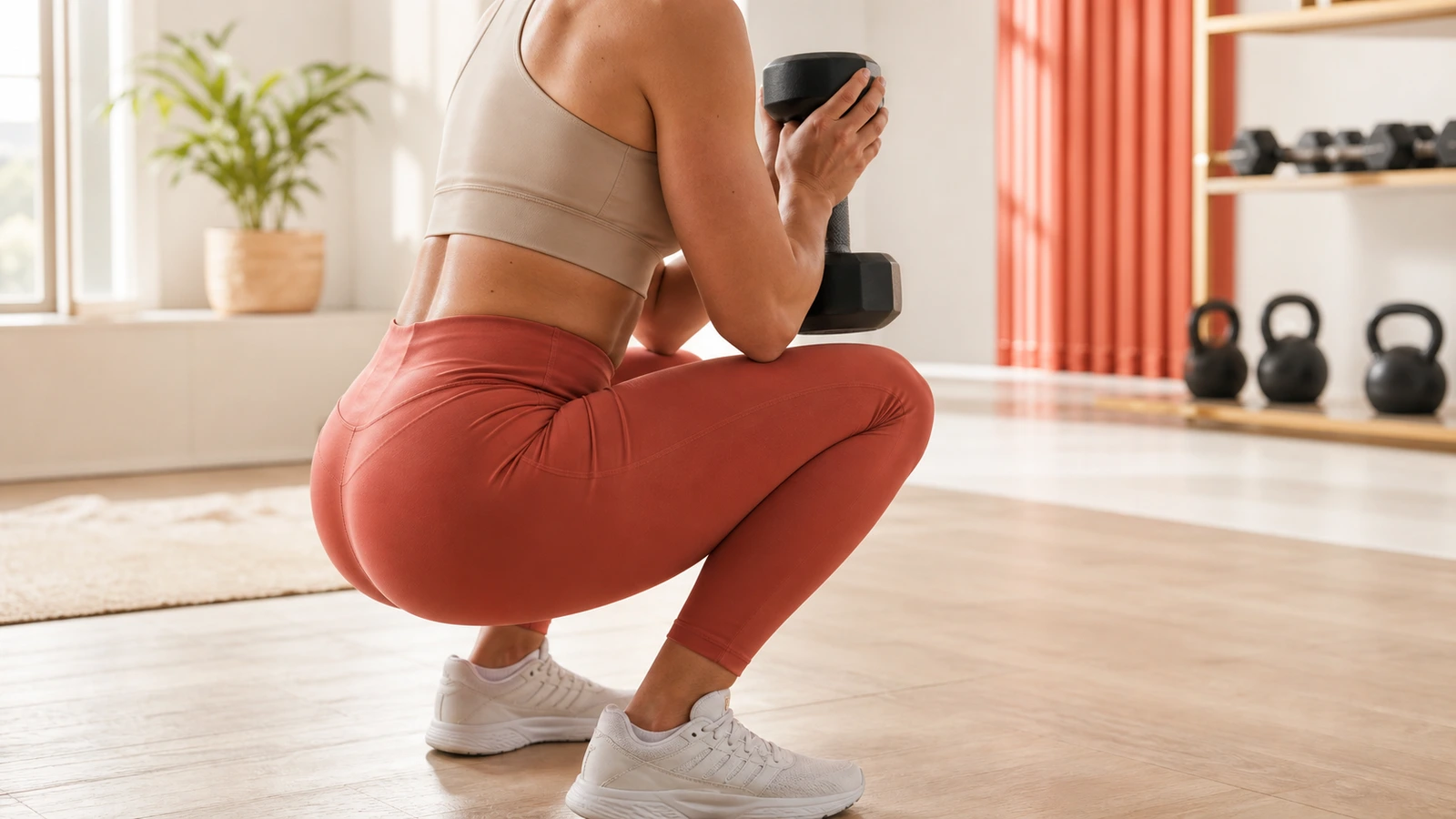 Svart kettlebell på 16 kilo stående på en träbänk i ett ljust gym, ingen person synlig