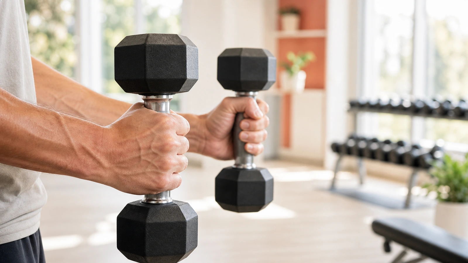 Person utför bicepscurl med hantlar för att träna armarna