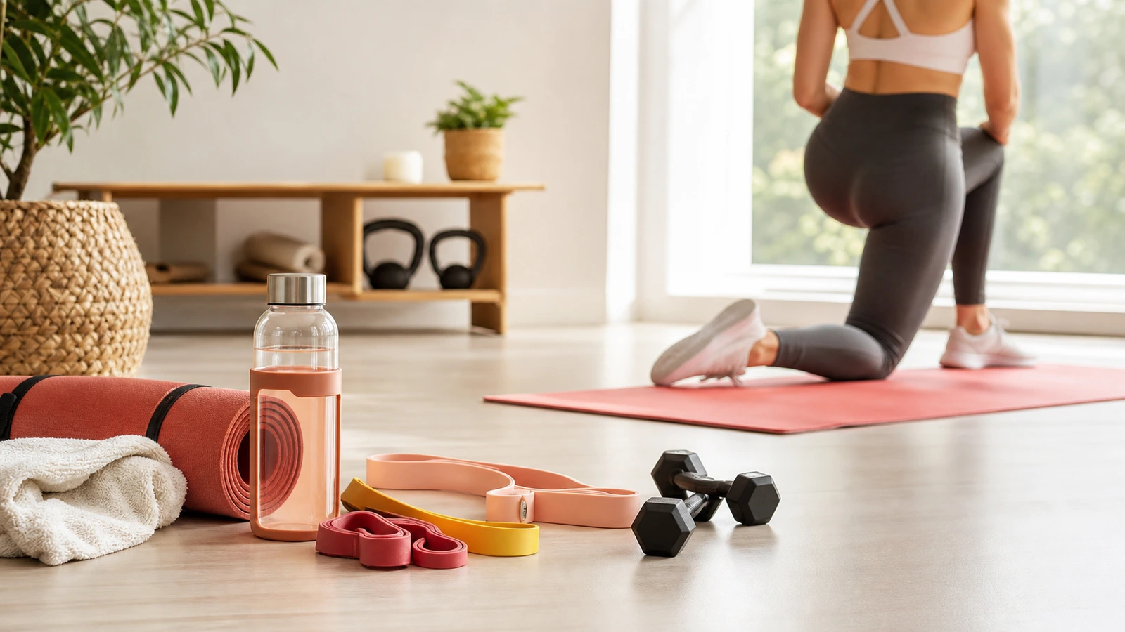 Yogamatta och gummiband på trägolv i ljust vardagsrum, ingen person synlig