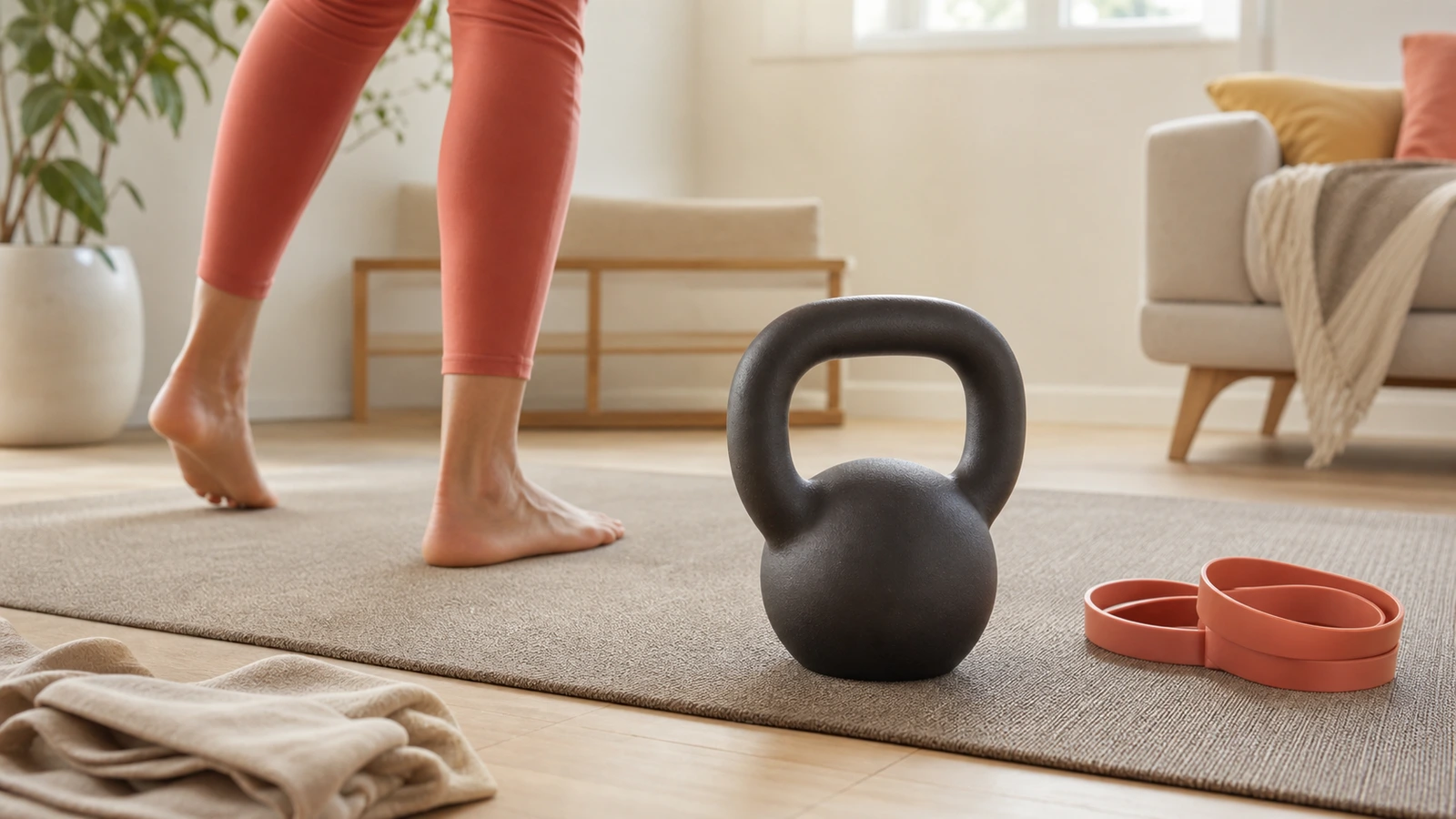 Svart kettlebell på träningsmatta i ljust rum, ingen person synlig