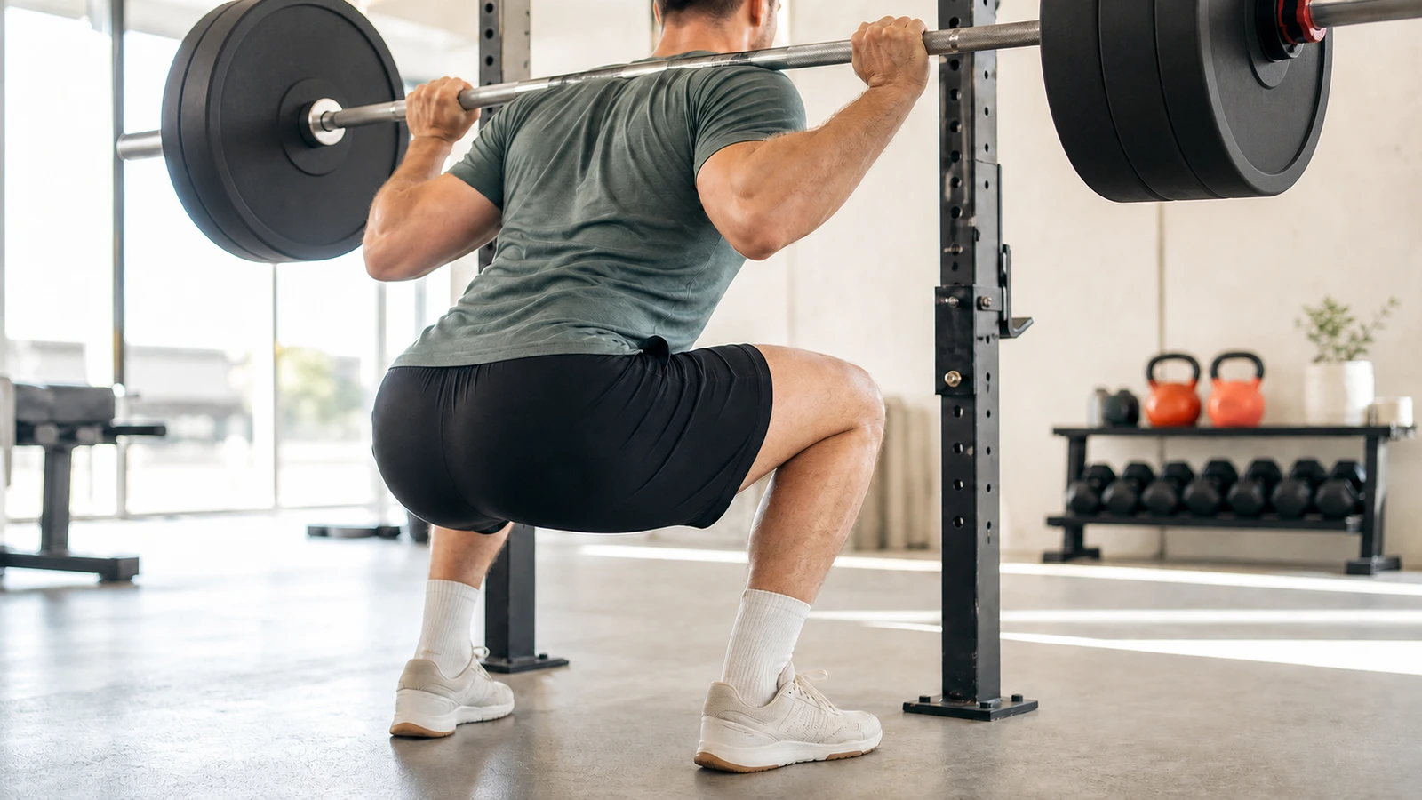 Person utför knäböj med skivstång för att träna benen på gym