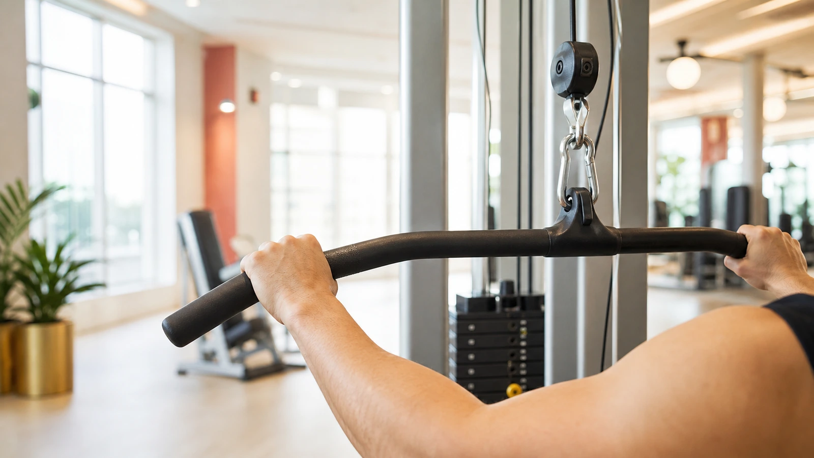 Person utför latsdrag för att träna ryggen på gym