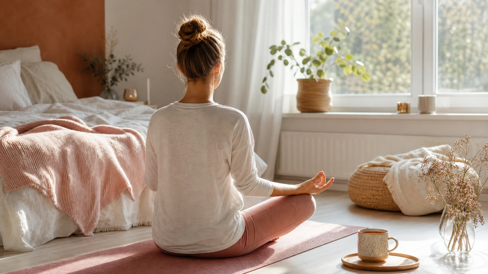 Hoprullad yogamatta vid soligt fönster med tänd ljus och keramikskål