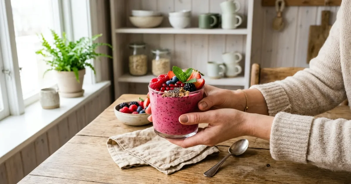 Tre glasburkar med overnight oats toppade med blåbär, hallon och banan i morgonljus