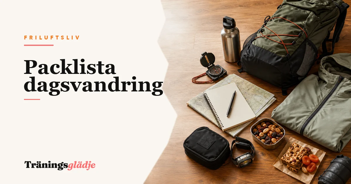 Vandringsutrustning utlagd på trädäck, ryggsäck, regnjacka, vattenflaska och matsäck