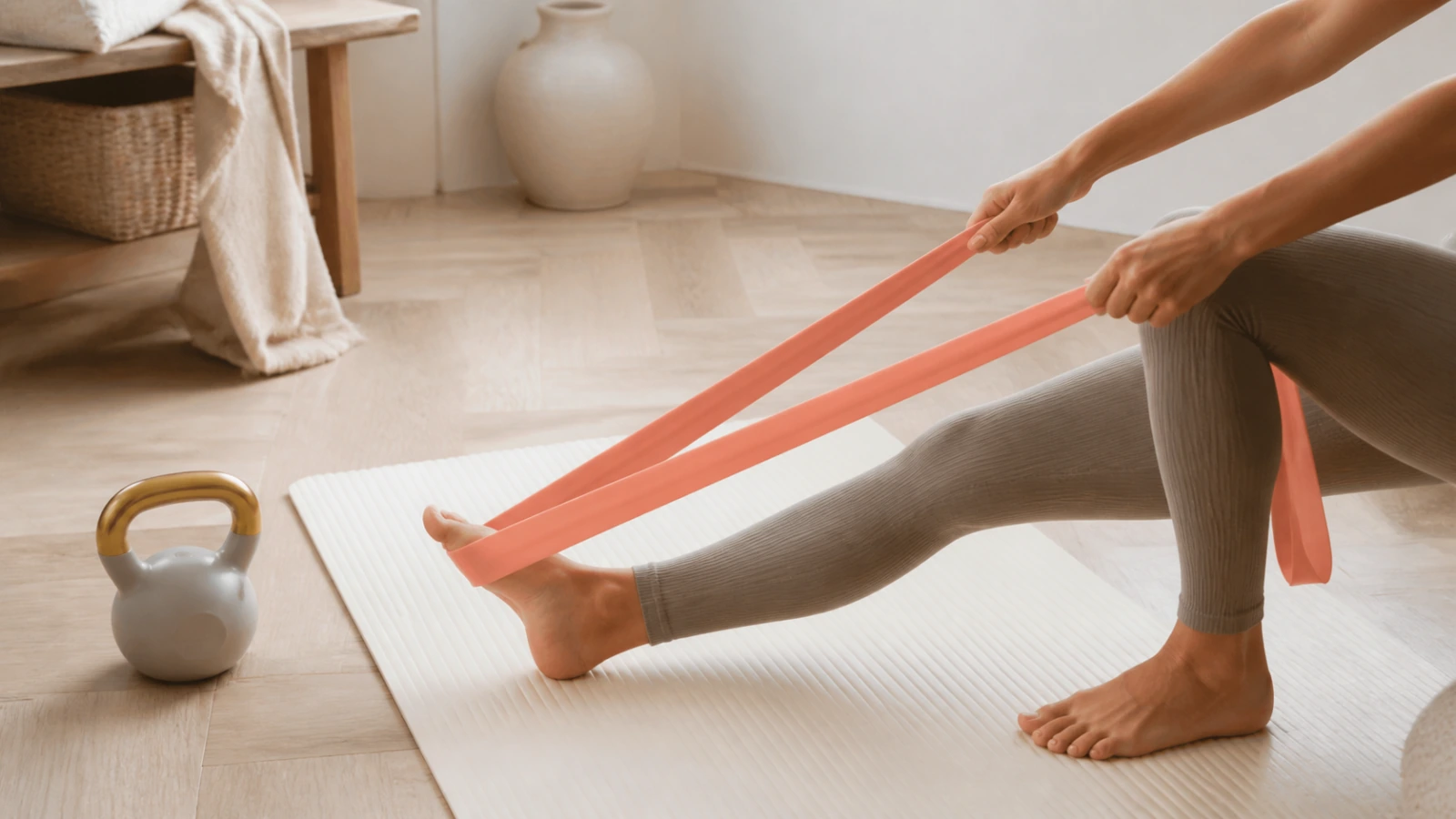 Pilatesmatta med liten kudde och vattenflaska i ett ljust vardagsrum