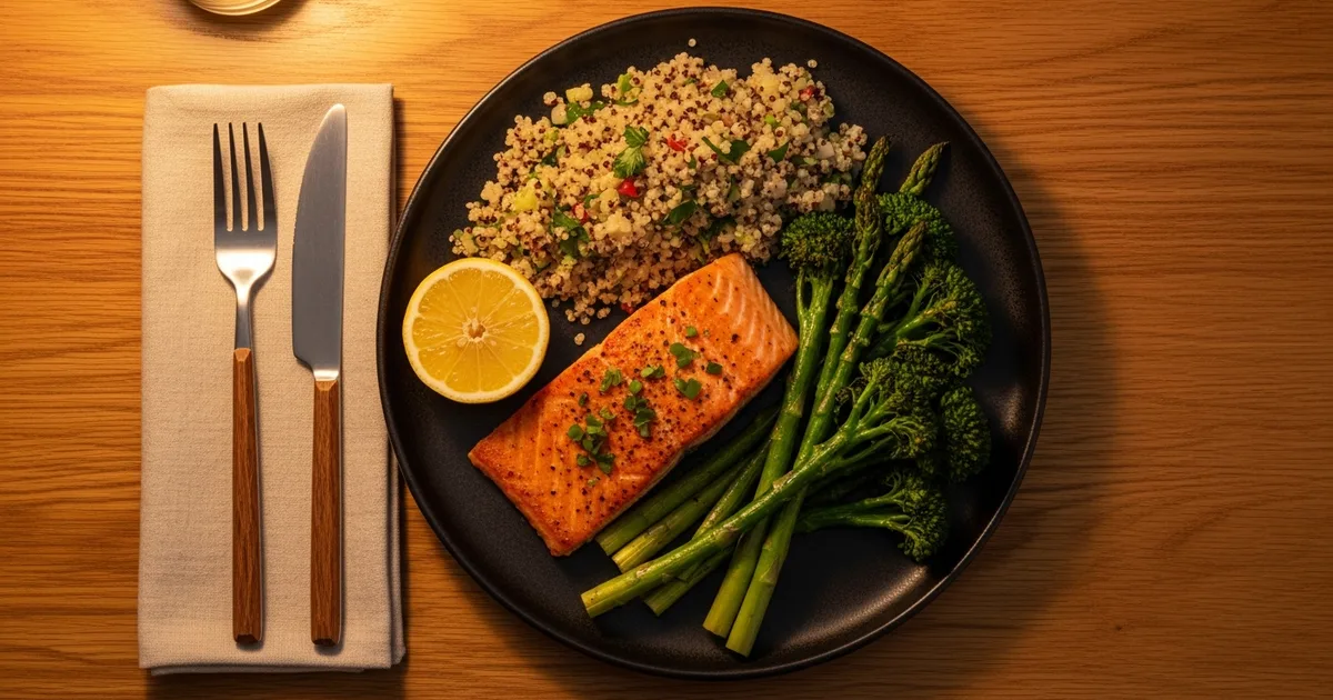 Tallrik med stekt lax, quinoa och grönsaker på mörkt bord, ovanifrån