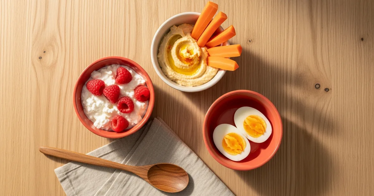 Tre skålar med proteinrika mellanmål, kvarg med bär, ägg, hummus, på trärän i morgonljus