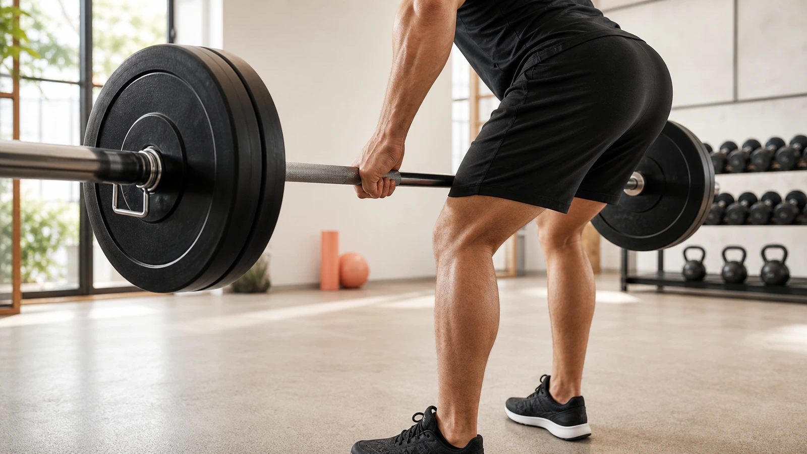 Skivstång på golvet framför en träningsbänk i ett gym