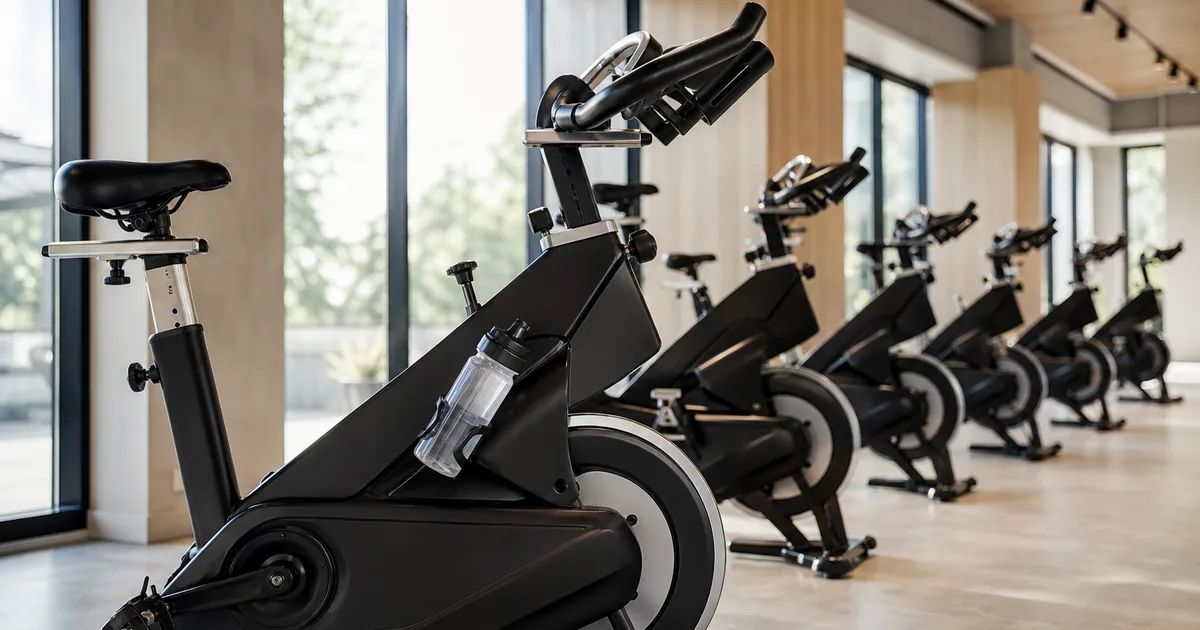 Spinningsal med inomhuscyklar, svagt ljus och vattenflaska vid styret