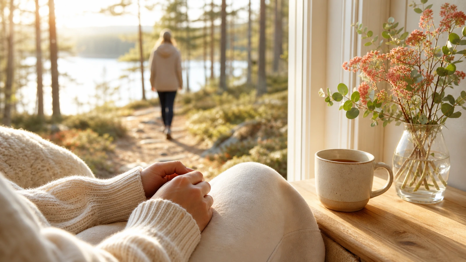 Tekopp på fönsterkarm med dimma utanför, lugn atmosfär