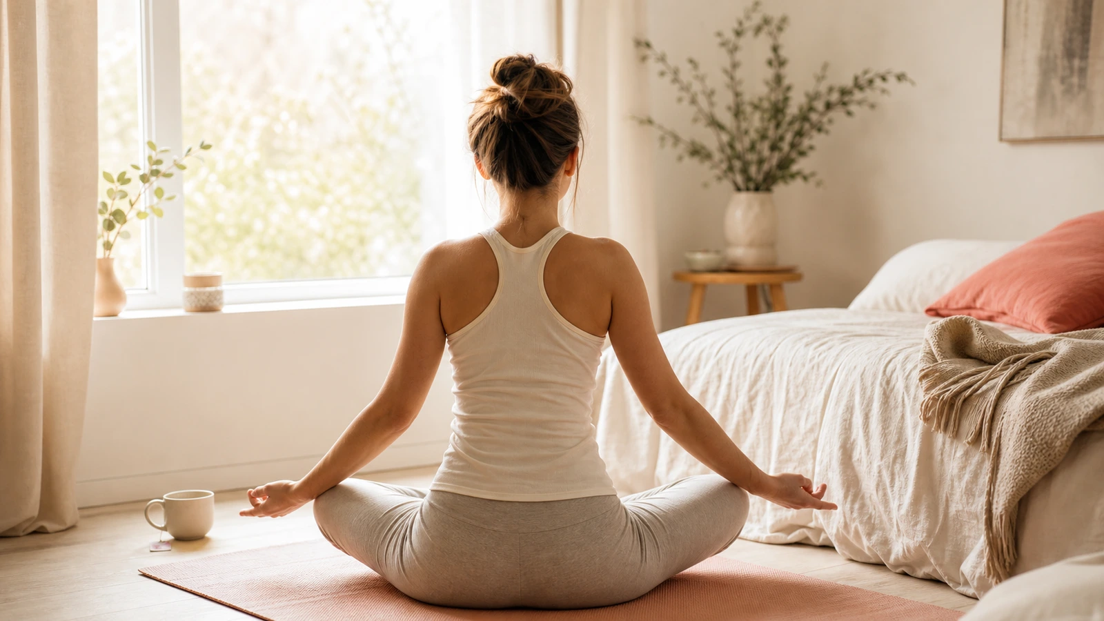Person stretchar baksida lår på yogamatta i ljust vardagsrum, bakifrån