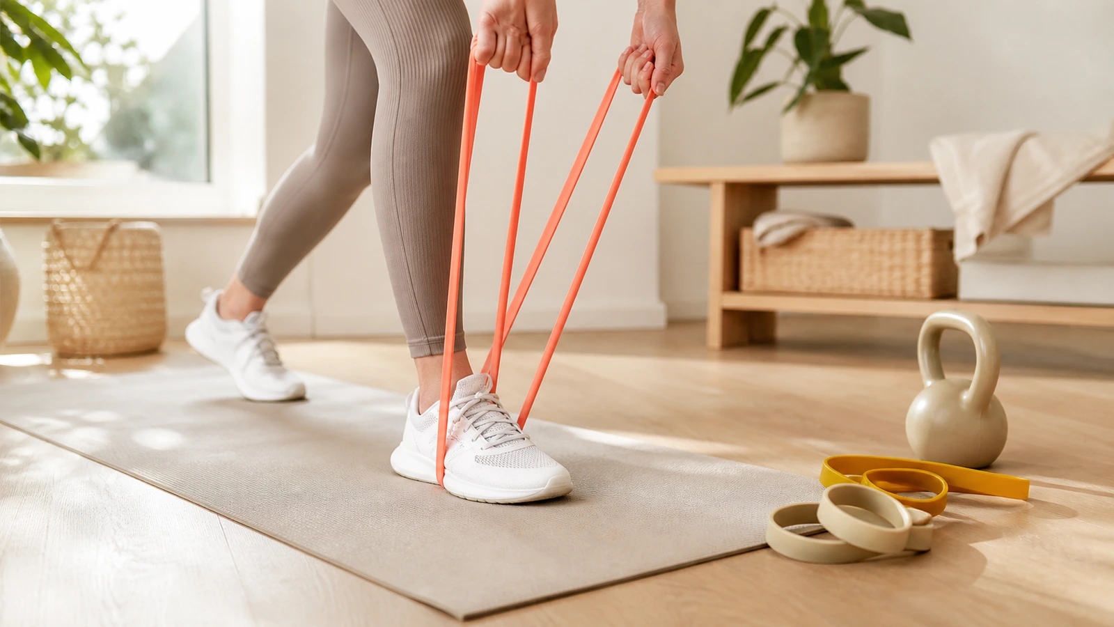 Flera gummiband med olika motstånd på träningsmatta i hemmiljö, ingen person synlig