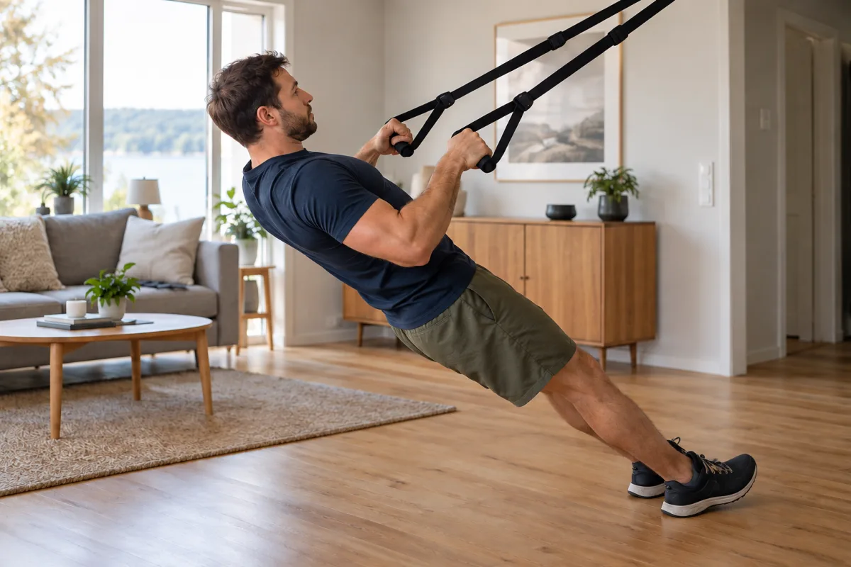 Man tränar rodd med TRX-band fästa i taket i ett ljust vardagsrum med trägolv