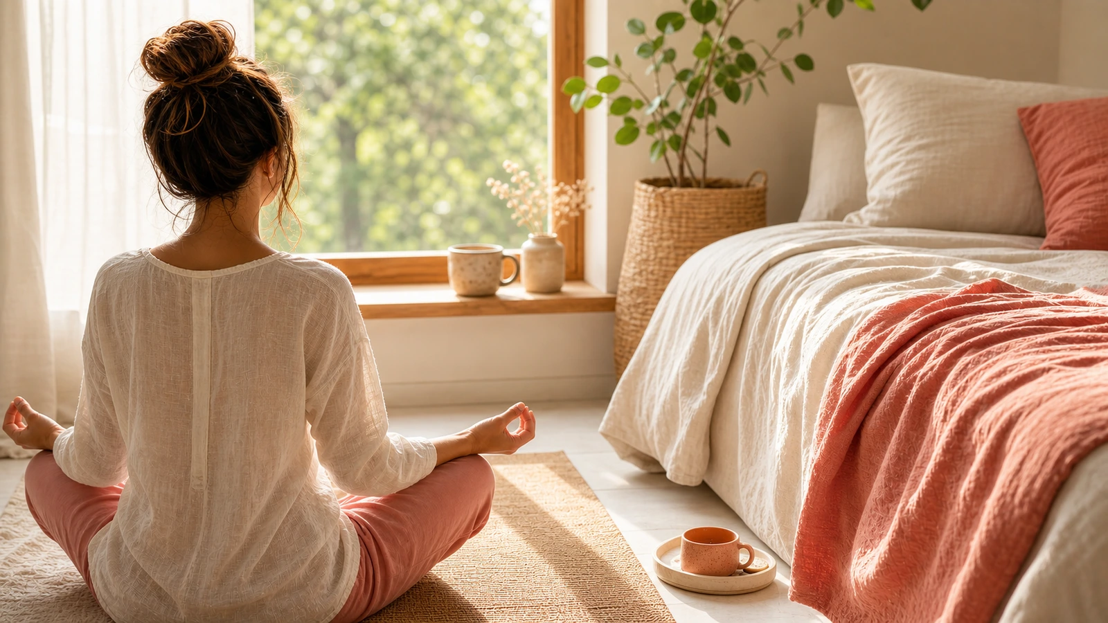Kvinna ligger på yogamatta i savasana, sett från sidan i mjukt kvällsljus, ansikte ej synligt