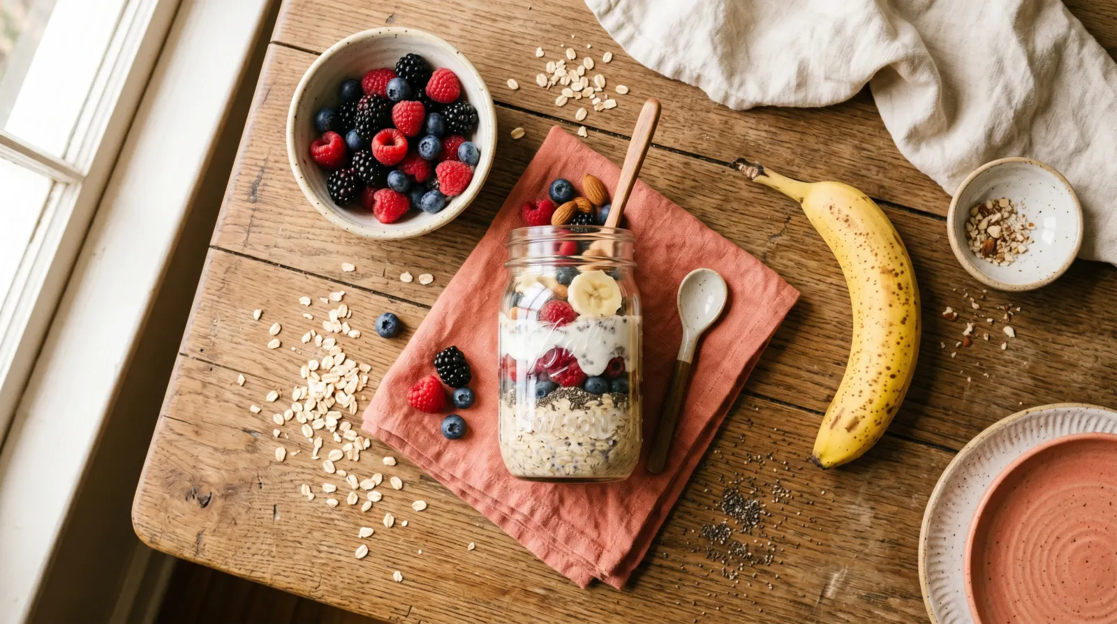 Overnight oats och färska bär på träbord i morgonljus