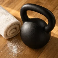 Kettlebell på trägolv med vikta lyftremmar och handduk
