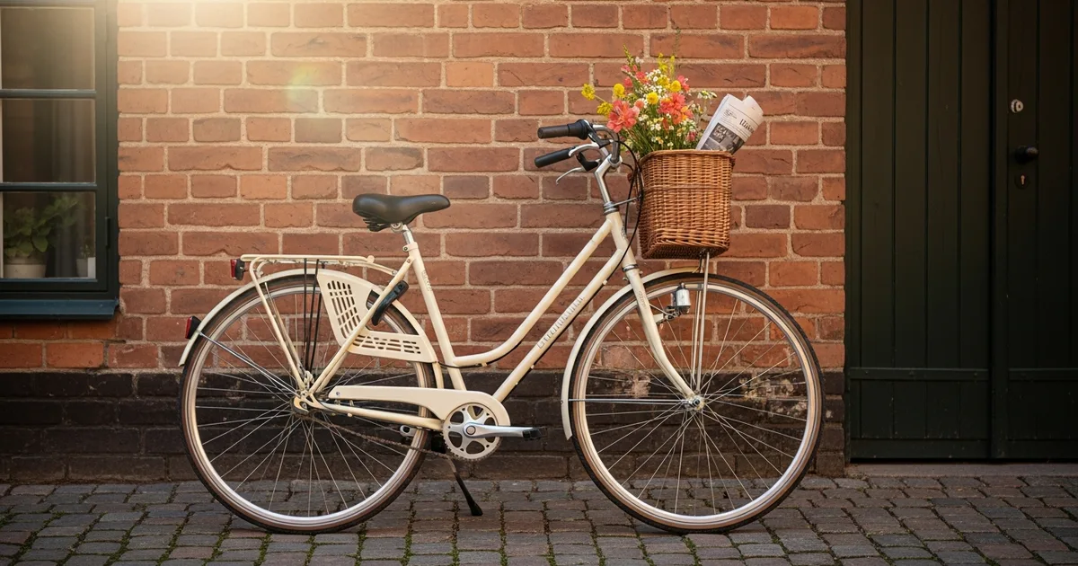 Vintage cremefärgad cykel mot tegelvägg i solljus med korg framtill