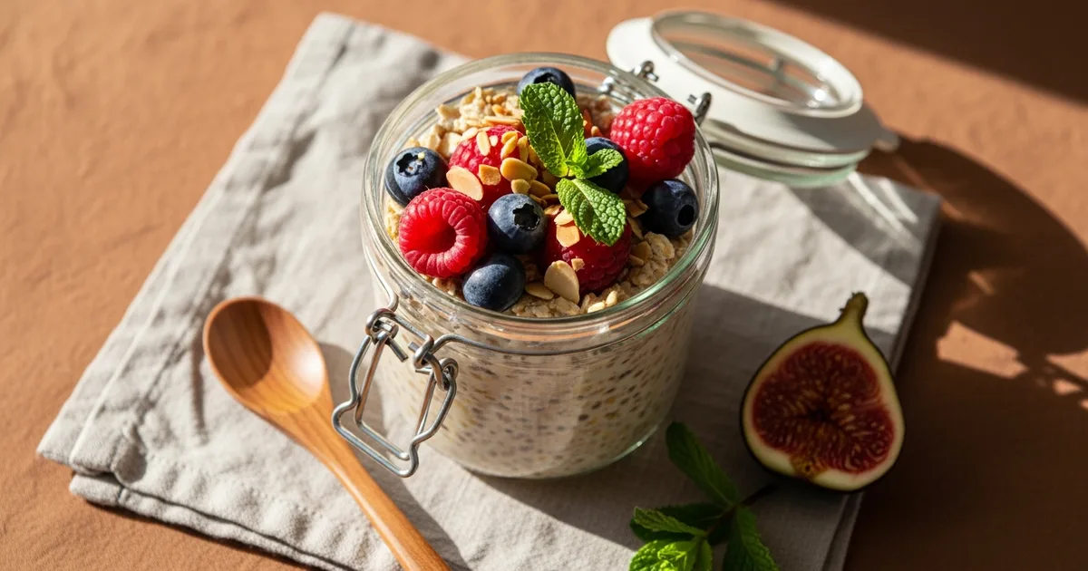 Glasburkar med overnight oats och färska bär ovanifrån