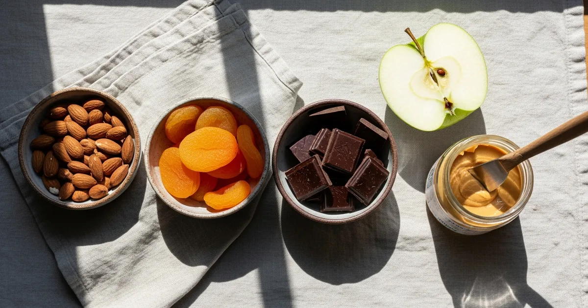 Skål med nötter, torkad frukt och mörk choklad på linnehandduk