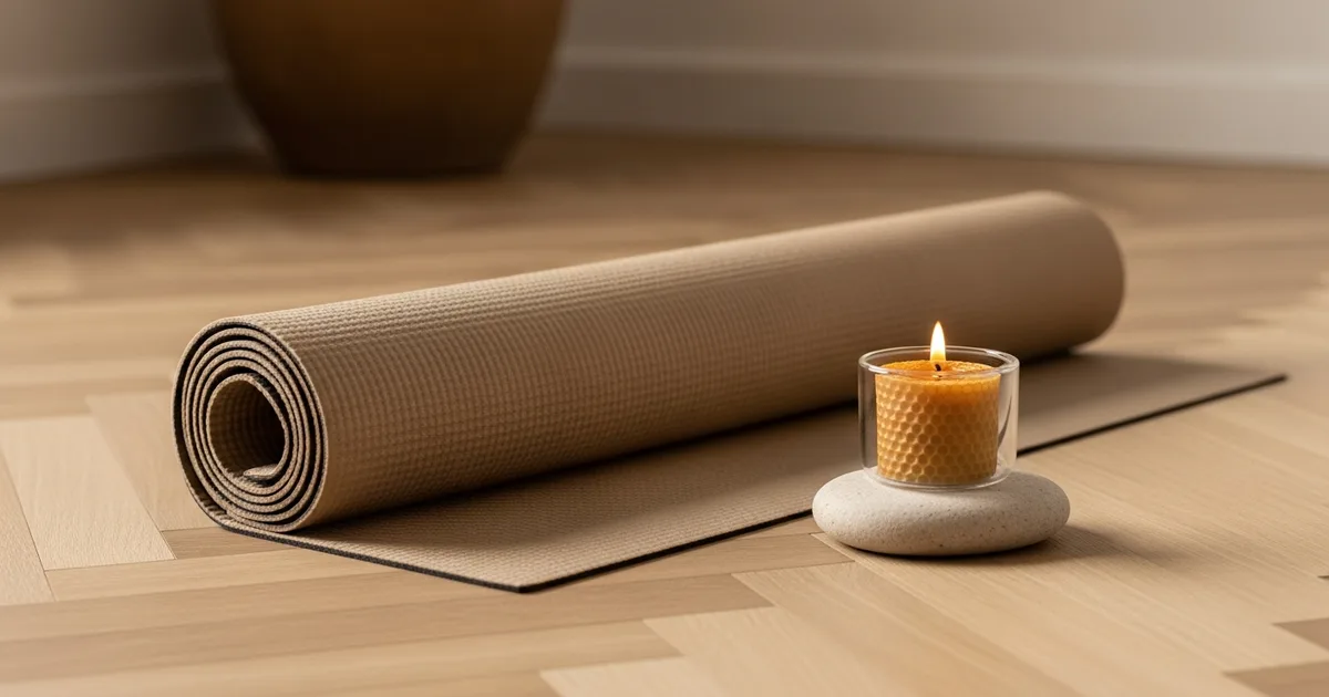 Hoprullad yogamatta, sten och tänd ljus på fiskbensparkett i morgonljus