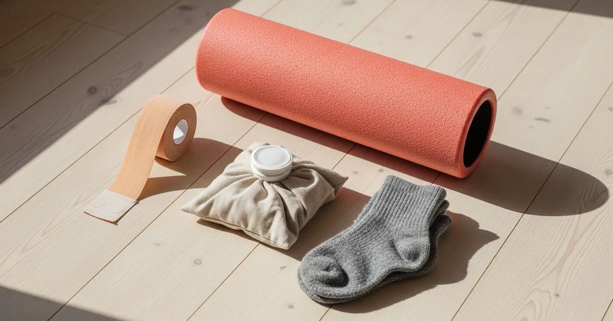 Återhämtningsmaterial i platt-lay på trägolv: tejp, ispåse, foamroller och ullsockor