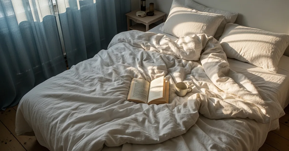 Uppbäddad linnesäng i morgonljus med uppslagen bok och keramikmugg på täcket