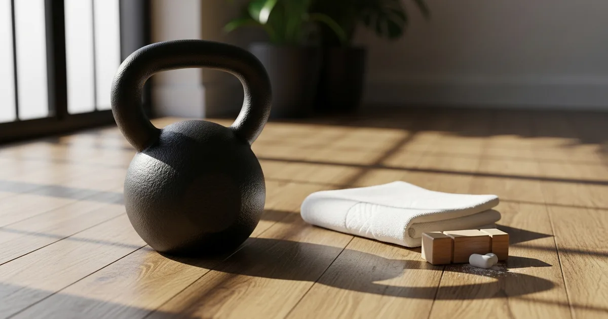 Kettlebell och vikt handduk på trägolv i ett ljust hemmagym med långa skuggor