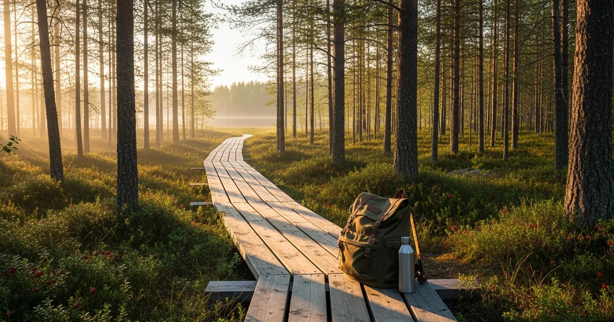 Vandringsled genom sörmländsk skog med markering på trädstam